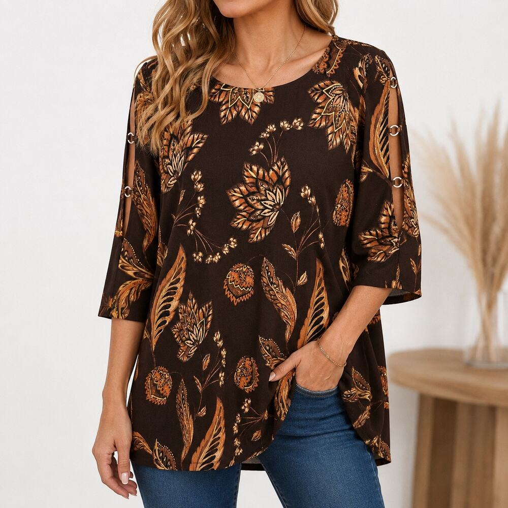 NEW NWOT Catherines Black Label Plus Size 1X Brown/Gold Formal Blouse Shirt Top